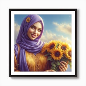 Sunflower Lady: A Vintage Painting of a Woman in Purple and Yellow Art Print