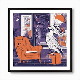 Drew Illustration Of Bird On Chair In Bright Colors, Vector Ilustracije, In The Style Of Dark Navy A (3) Art Print