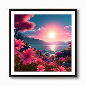 Pink Flowers, sunset, read shade flowers, blue sky, beautiful location , sunset view, wall decorator Art Print