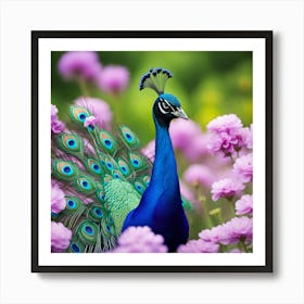 A Peacock Is Standing In A Field Of Purple Flowers With Its Long Tail Spread Out Behind It Creating(2) Art Print