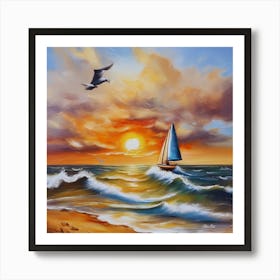 Oil painting design on canvas. Sandy beach rocks. Waves. Sailboat. Seagulls. The sun before sunset.19 Art Print