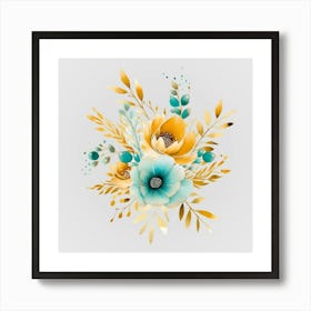 Watercolor Gold And Teal Bouquets 7 Art Print