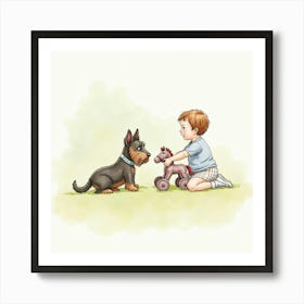 A Scottish Terrier And A Young Girl Playing With A Toy Horse, Watercolor 1 Art Print