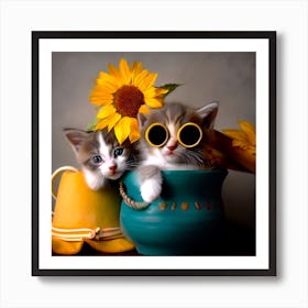 Kittens And Sunflowers In Pots 1 Art Print