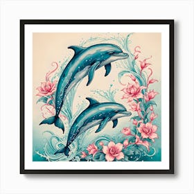 Dolphins In The Water With Flowers Art Print