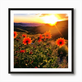 Sunset With Flowers, orange color sunset, attracting sun set , light rase of sun set , good looking sunset wall art. grate back ground Art Print