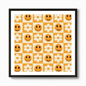 Checkered Orange Happy Faces and White Flowers Art Print