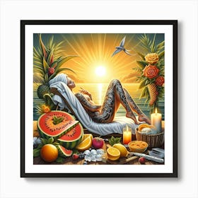 Tattooed Woman Relaxing At The Beach Art Print