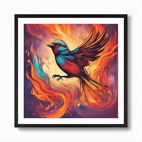 An Artistic Representation Of A Sparrow Rising From The Ashes, Surrounded By Flames And Vibrant Colo Art Print