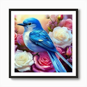 Blue Bird With Roses Art Print