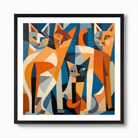 A Playful Scene Of Cats At Play Portrayed In A Cubist Style With Their Frolicking Forms Rendered As Abstract And Intersecting Shapes Art Print