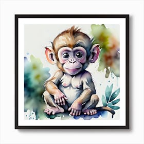 Watercolor Baby Monkey Art Print