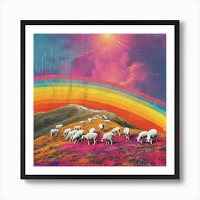 Sheep Retro Rainbow Collage 2 Art Print