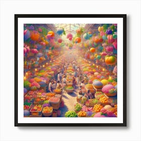 A vibrant and bustling market filled with colorful fruits and flowers.3 Art Print