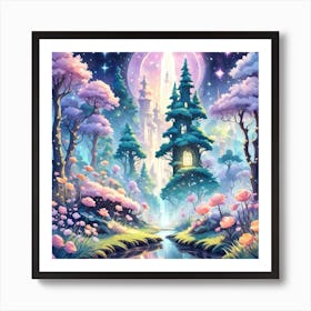 A Fantasy Forest With Twinkling Stars In Pastel Tone Square Composition 451 Art Print