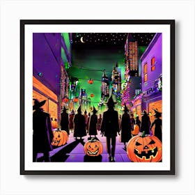 The Image Captures A Contemporary Halloween Scene Featuring A Bustling Urban Street Brightly Illumi Art Print