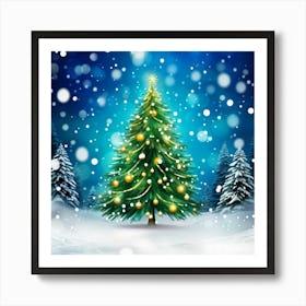 Abstract Digital Painting Of A Christmas Tree Branch Framed With Gently Falling Snowflakes Fir Tre 2 Art Print