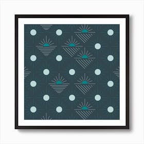 Geometric Pattern With Green And Light Blue Suns On Dark Blue Square Art Print