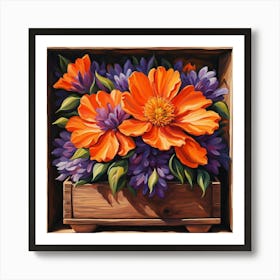 Orange Flowers In A Wooden Box Art Print