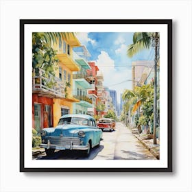 Blue Car On The Street Art Print