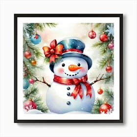 Snowman With Christmas Decorations Art Print