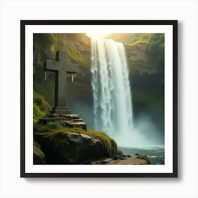 Cross In Front Of Waterfall Póster