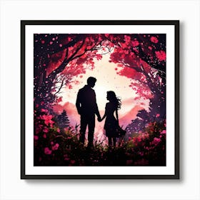 Love At First Sight, Silhouettes Of Two People Hugging Surrounded By Elements Of Nature Flowers Trees Growing , Silhouette Of Couple In The Forest Art Print