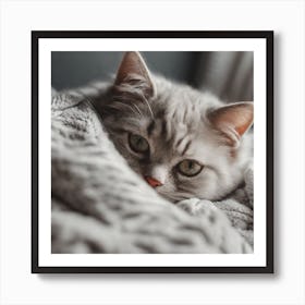 Grey Cat Laying On Blanket Art Print