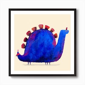 Blue Dinosaur With Hat And Scarf Art Print