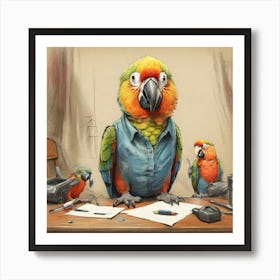 Parrots At The Desk Art Print