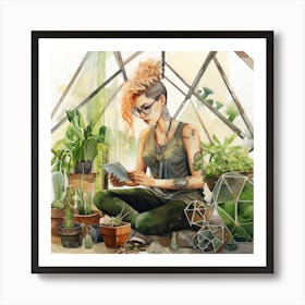 Pink Haired Girl In A Greenhouse With Succulents Watercolour Art Print