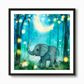 Watercolor Of A Baby Elephant Turquoise Skin Frolicking In An Enchanted Forest With Translucent Fa Art Print