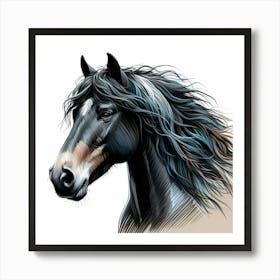 Black Horse Head Portrait Drawing Art Print