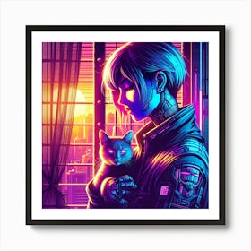 Cyberpunk Girl With Cat 1 Art Print