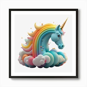 Abstract 3d Unicorn And Rainbow On Clouds, Cute Unicorn Background, 3d Rendered Generated By Ai Art Print