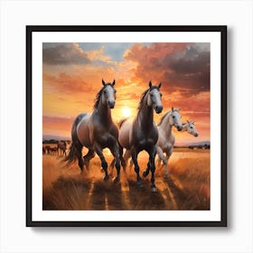 Horses At Sunset Art Print