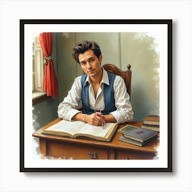 Portrait Of A French Novelist At A Picturesque Writing Desk, Watercolor With Grace 1 Art Print