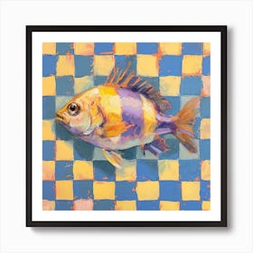 Fish Blue & Yellow Pastel Checkerboard Art Print