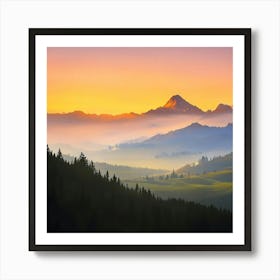 view of an abstract mountain range bathed in the soft, warm hues of a rising sun Art Print
