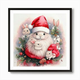 Firefly Christmas, Bunnies, Santa, Hat, Pastel, Watercolor, Pink, Dresses, Cute, Festive, Holiday, W Art Print