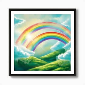 A Vibrant, Multicolored Rainbow Bridges The Turquoise Sky And Lush, Emerald Green Landscape, With Soft, Wispy Clouds Scattered Across The Heavens, Radiating A Warm, Golden Light That Illuminates The Dreamy, Ethereal Atmosphere 2 Art Print