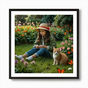 Girl And Cat In The Garden Art Print