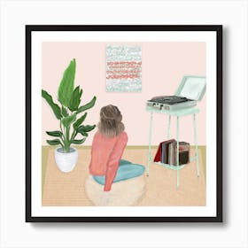 Dreamy Girl With Vintage Records Square Art Print