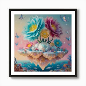 A Surreal Scene Featuring Giant Flowers Sprouting From Floating Islands With An Interesting Blend Of Coral Reefs, Butterflies, And Stars 3 Art Print