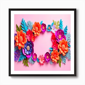 Paper Flowers On Pink Background,Top view flowers with copy space Art Print