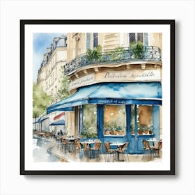 Paris Street Cafe Scene Illustration Sage Blue Watercolour 3 Art Print 1 Art Print