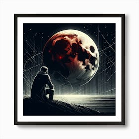 Man Looking At The Blood Moon: A Noir and Geometric Concept Art Art Print