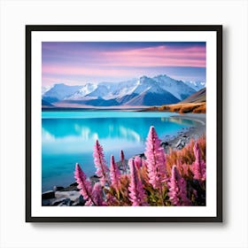 Lake Tekapo Colourful Shades Of Blush Pink Pale Blue And Mint Green Art Print