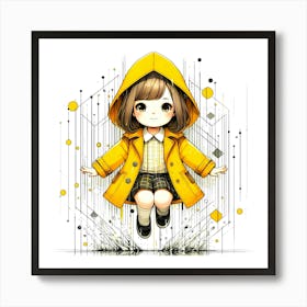 Girl in Yellow Rain Jacket - Abstract Line Art Illustration 72 Art Print