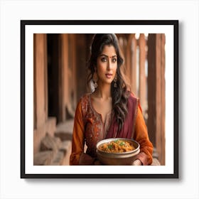 Indian Woman Holding A Bowl Of Food Art Print